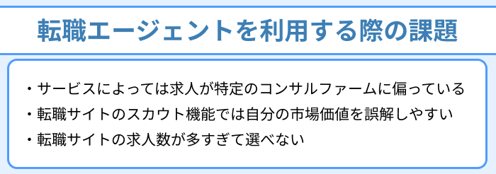 戦略コンサルタント向け転職エージェントを利用する際の課題についてのイラスト